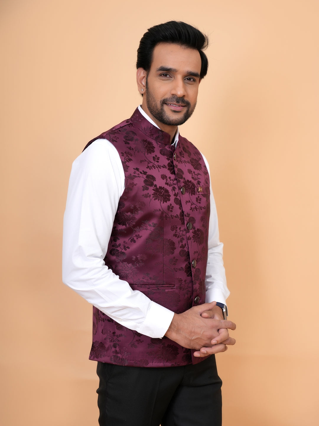 Floral Wine Nehru Jacket - B44742-21