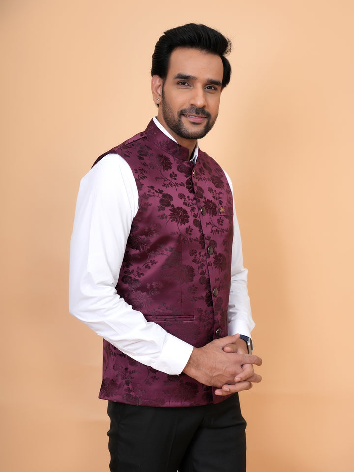 Floral Wine Nehru Jacket - B44742-21
