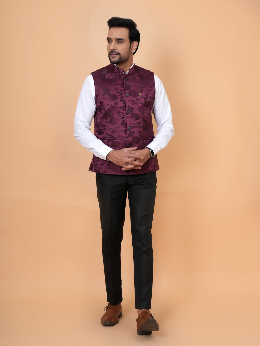 Floral Wine Nehru Jacket - B44742-21