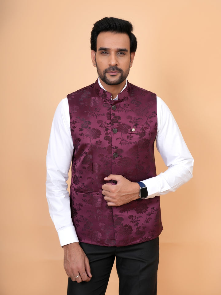 Floral Wine Nehru Jacket - B44742-21
