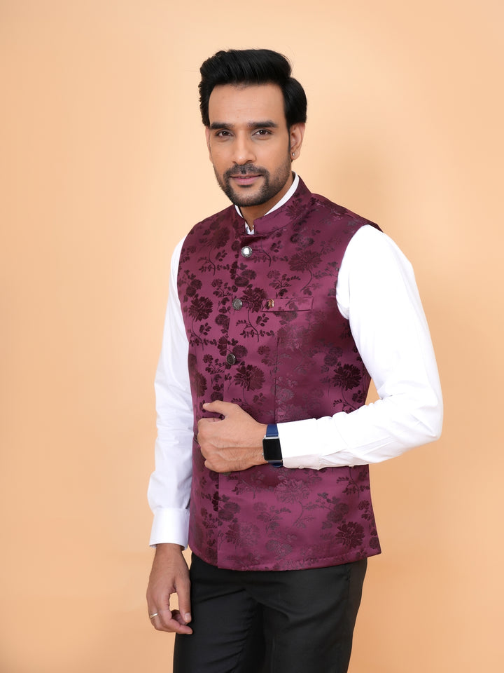 Floral Wine Nehru Jacket - B44742-21