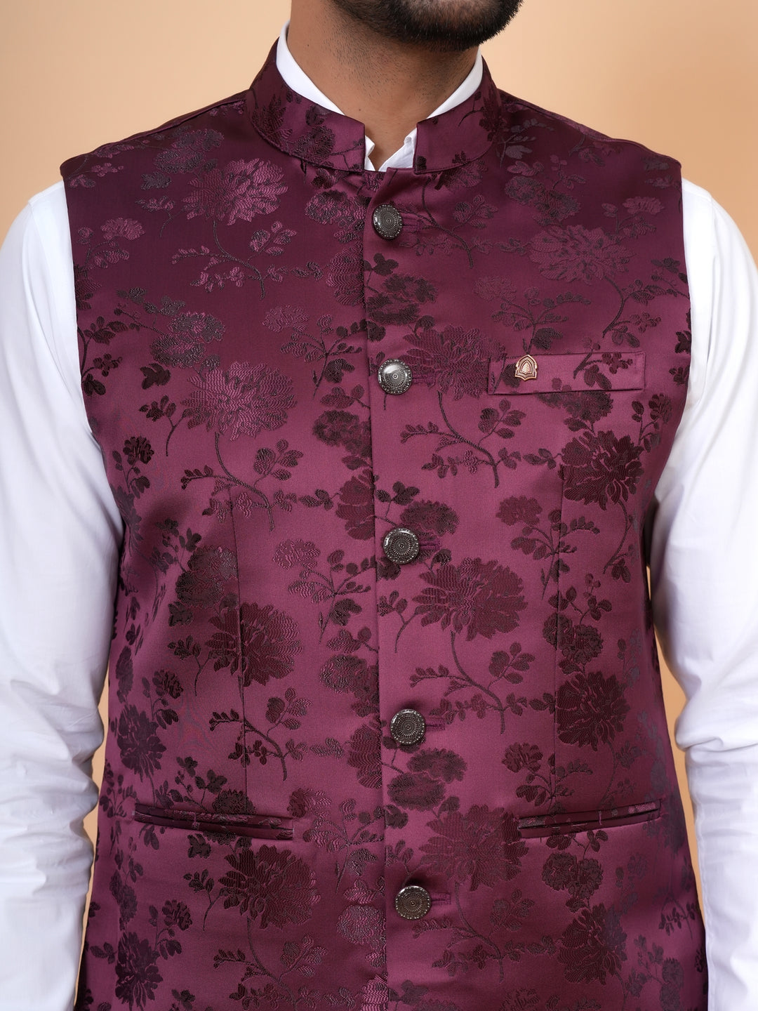 Floral Wine Nehru Jacket - B44742-21