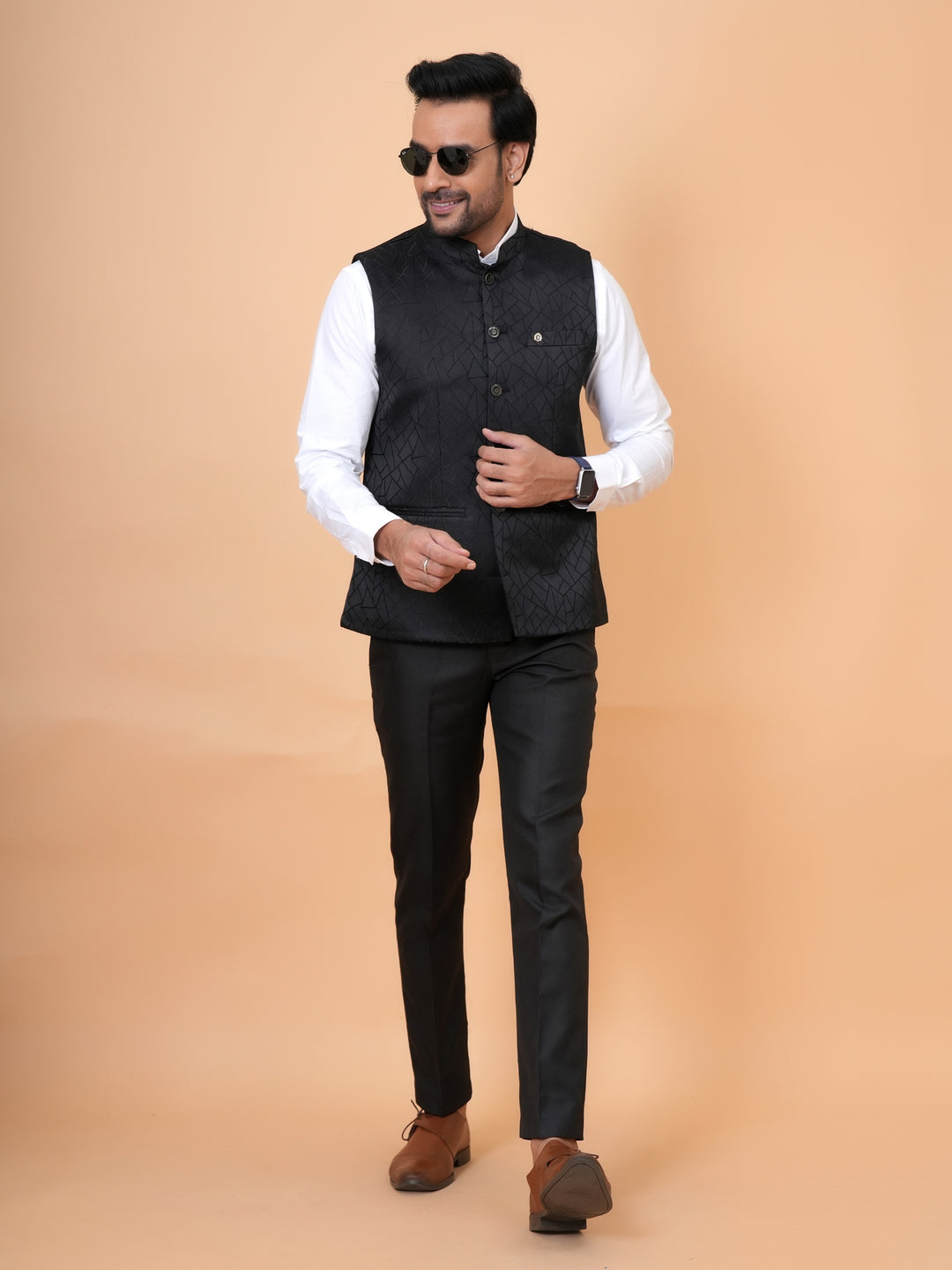 Geometric Black Nehru Jacket - B44741-7