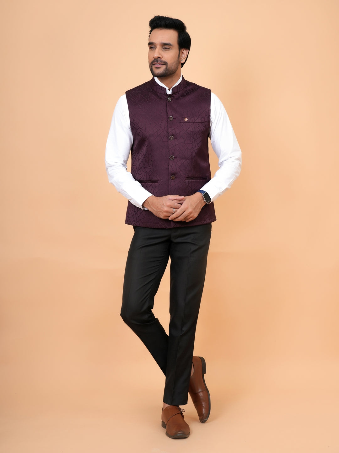 Geometric White Nehru Jacket - B44741-104