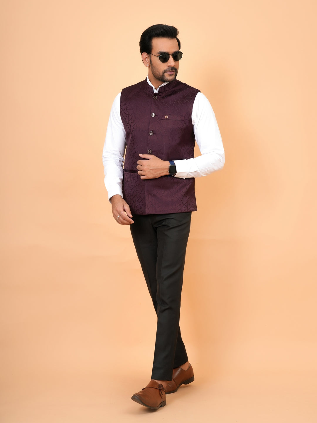 Geometric White Nehru Jacket - B44741-104