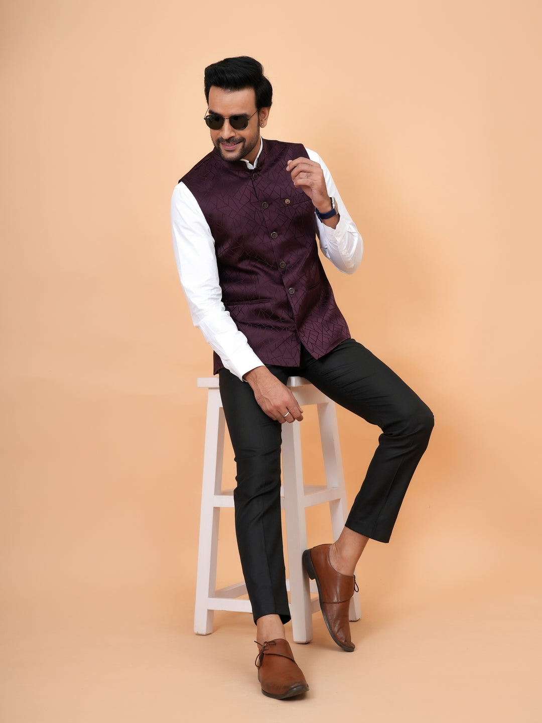 Geometric White Nehru Jacket - B44741-104