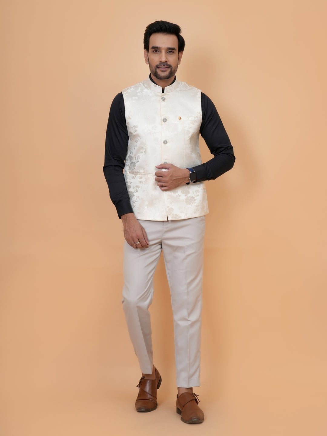 Floral Cream Nehru Jacket - B44742-17