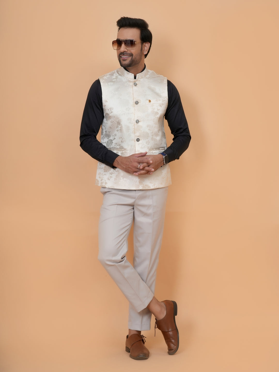 Floral Cream Nehru Jacket - B44742-17