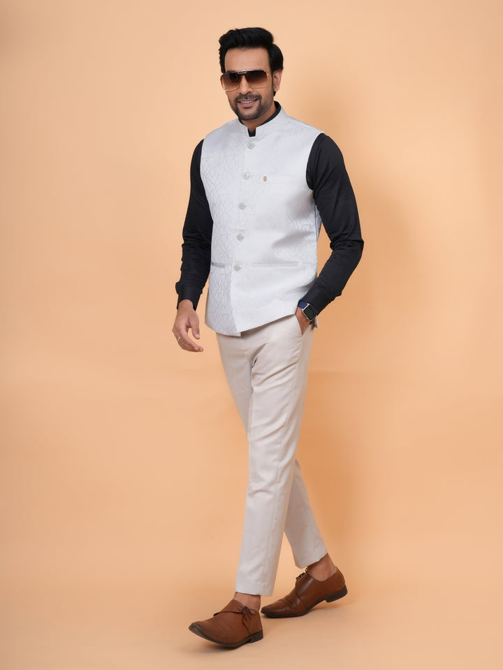 Geometric White Nehru Jacket - B44741-8