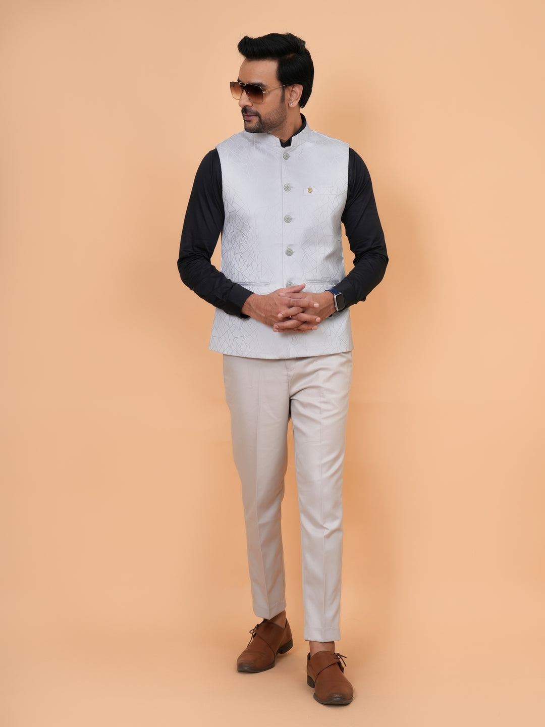 Geometric White Nehru Jacket - B44741-8