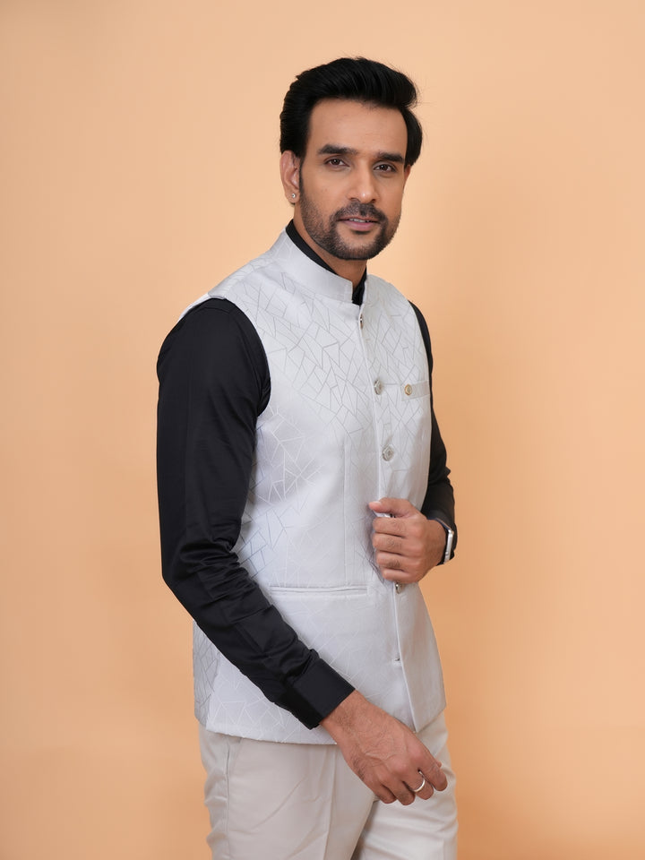 Geometric White Nehru Jacket - B44741-8