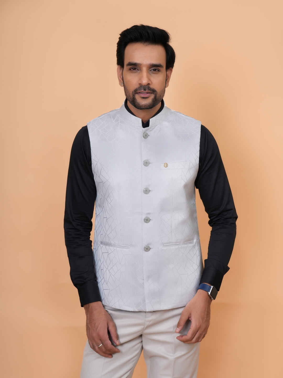 Geometric White Nehru Jacket - B44741-8