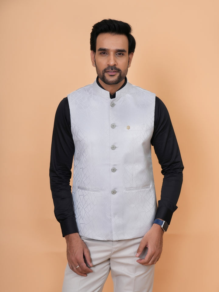 Geometric White Nehru Jacket - B44741-8