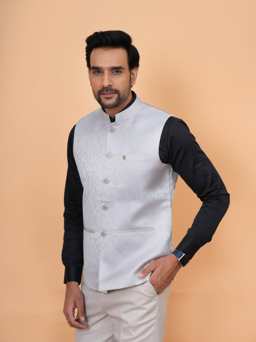 Geometric White Nehru Jacket - B44741-8