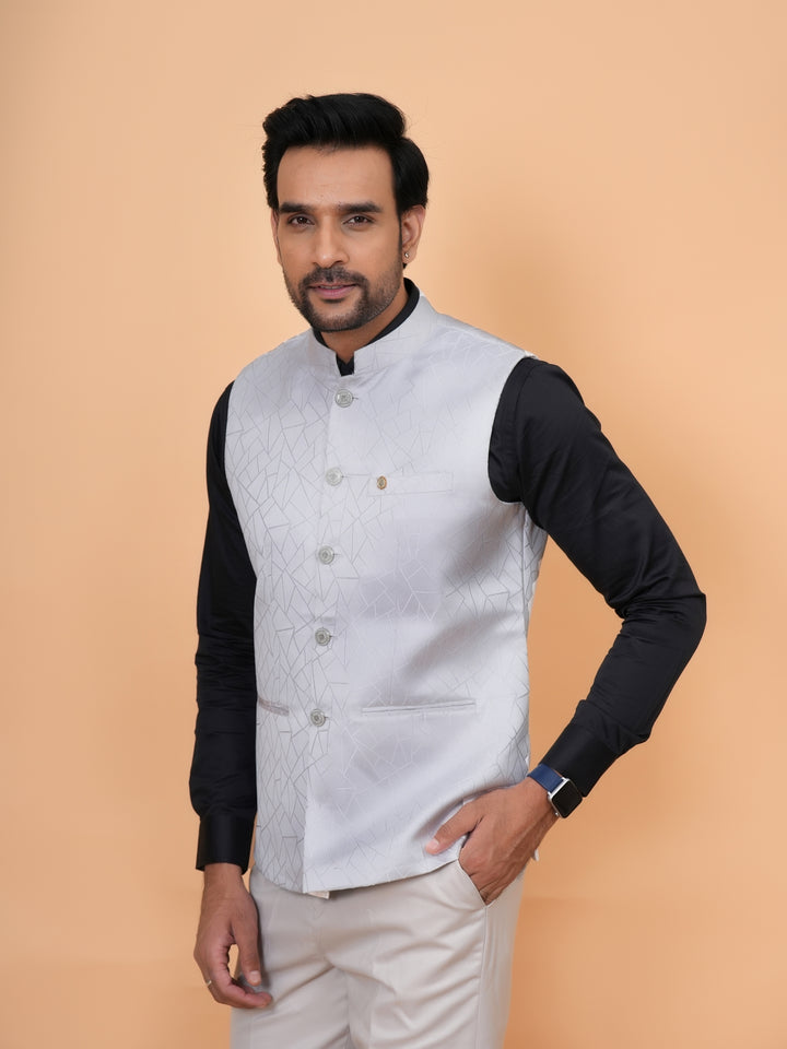 Geometric White Nehru Jacket - B44741-8