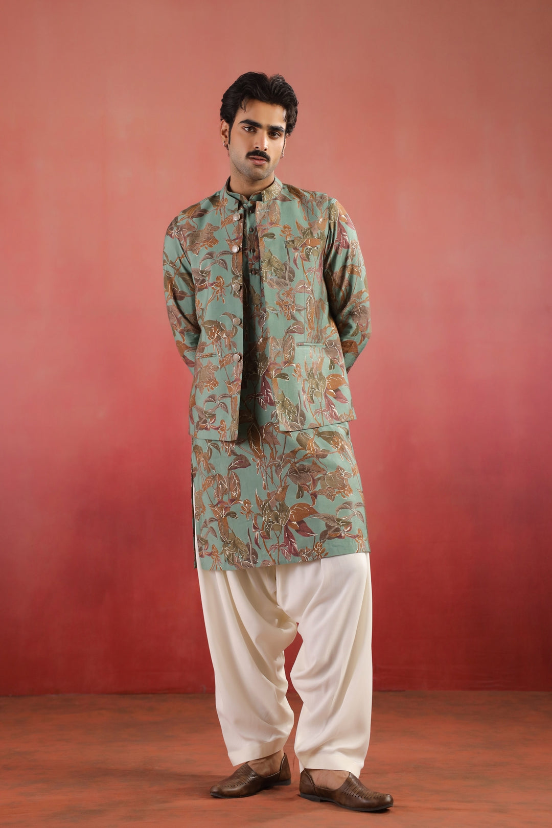 Floral Green Nehru Jacket - B46770-31/2
