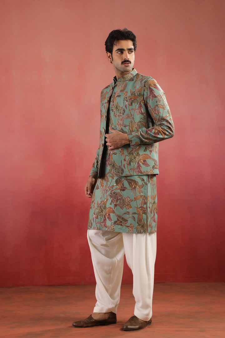 Floral Green Nehru Jacket - B46770-31/2