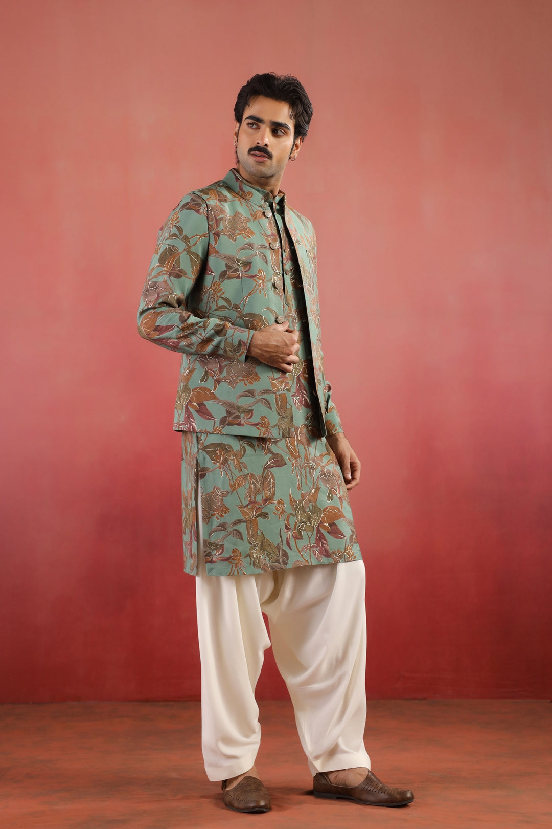 Floral Green Nehru Jacket - B46770-31/2