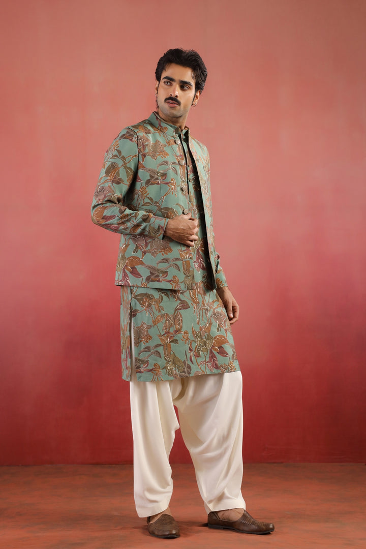 Floral Green Nehru Jacket - B46770-31/2