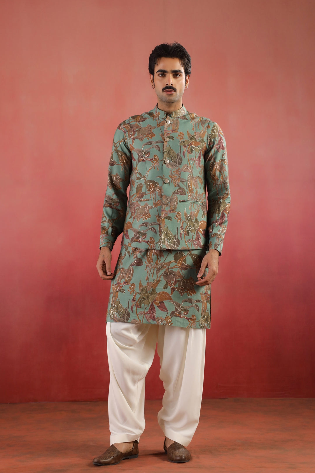 Floral Green Nehru Jacket - B46770-31/2