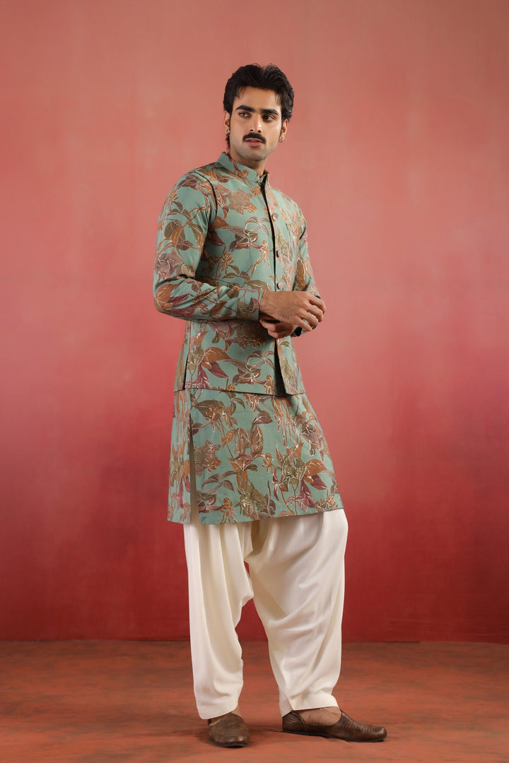 Floral Green Nehru Jacket - B46770-31/2
