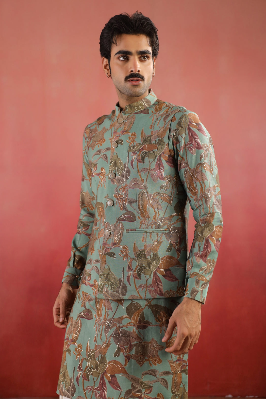 Floral Green Nehru Jacket - B46770-31/2