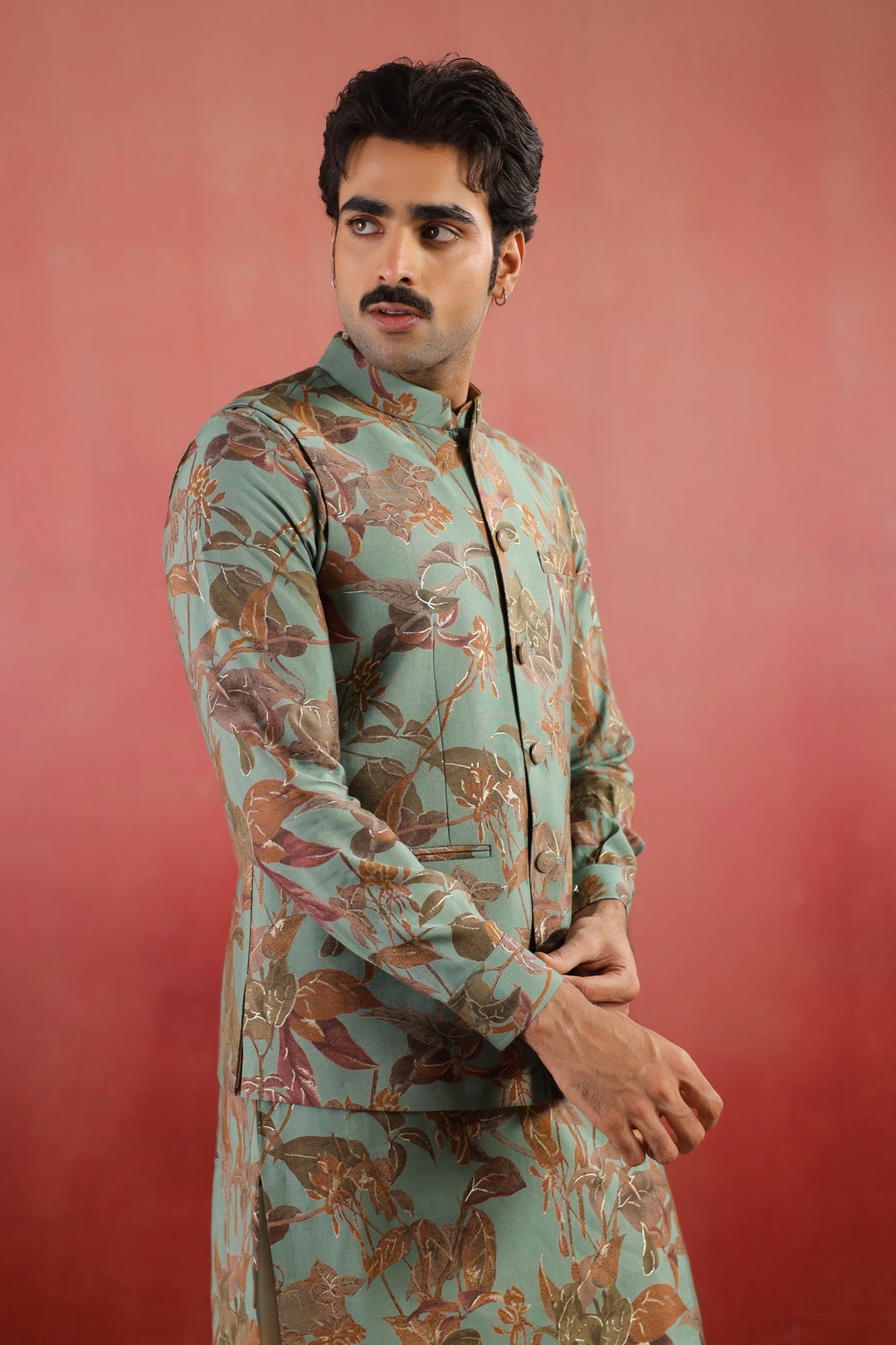Floral Green Nehru Jacket - B46770-31/2