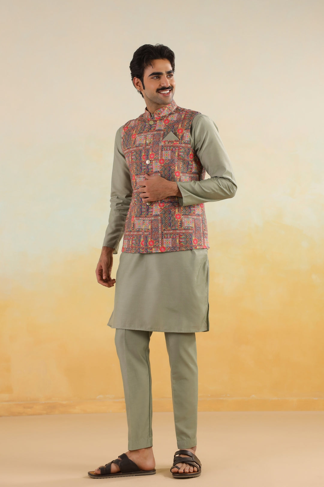 Abstract Green Jacket Kurta Set - JM46047-373A