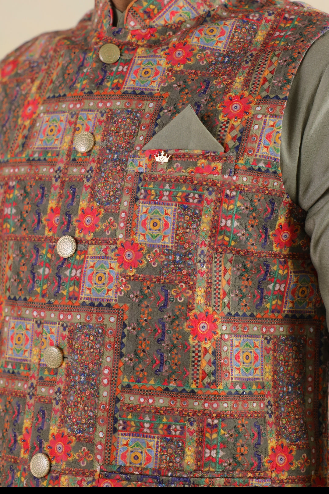 Abstract Green Jacket Kurta Set - JM46047-373A