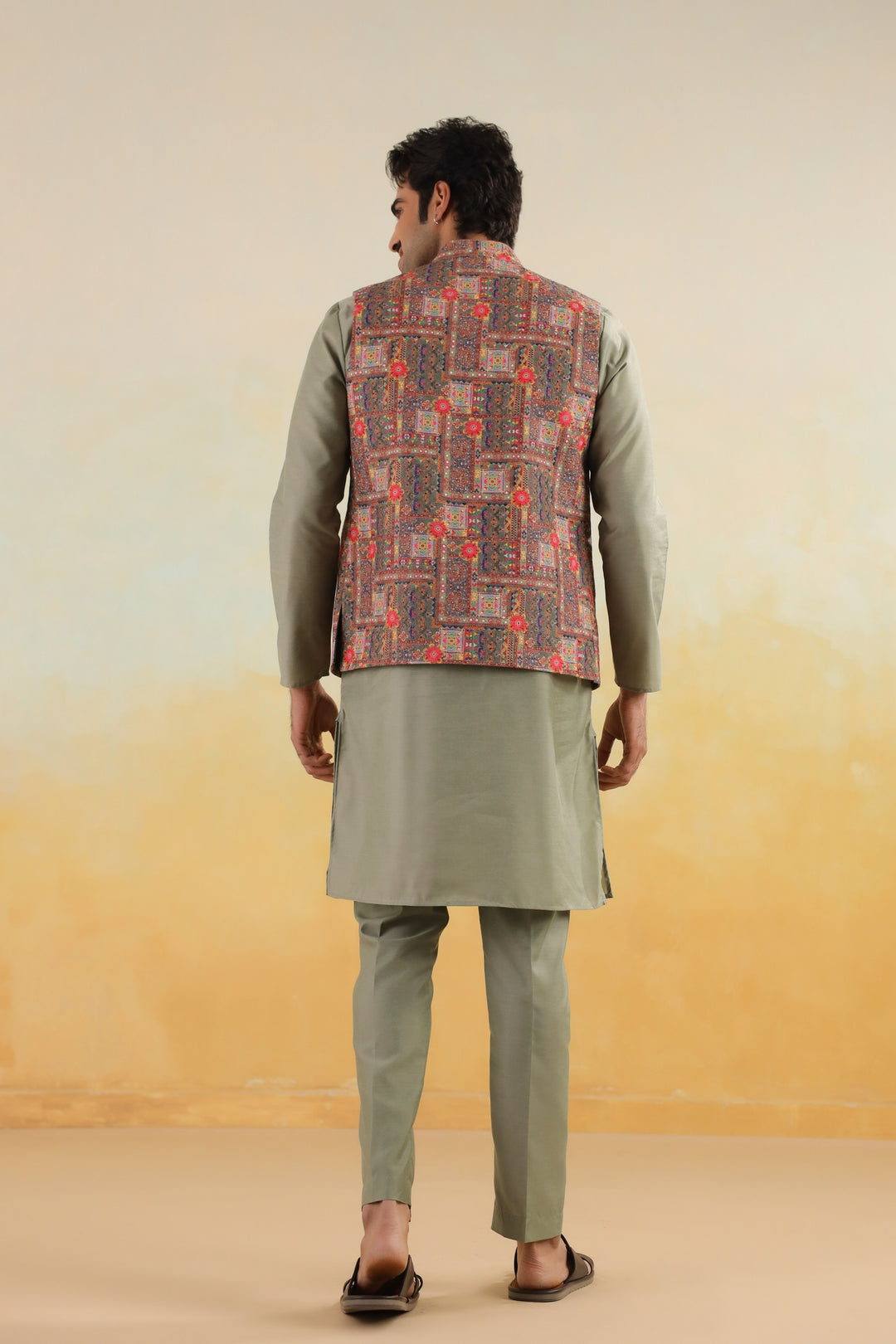 Abstract Green Jacket Kurta Set - JM46047-373A