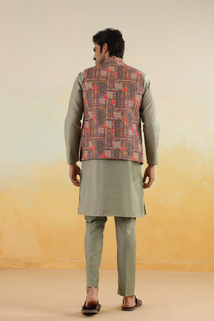 Abstract Green Jacket Kurta Set - JM46047-373A