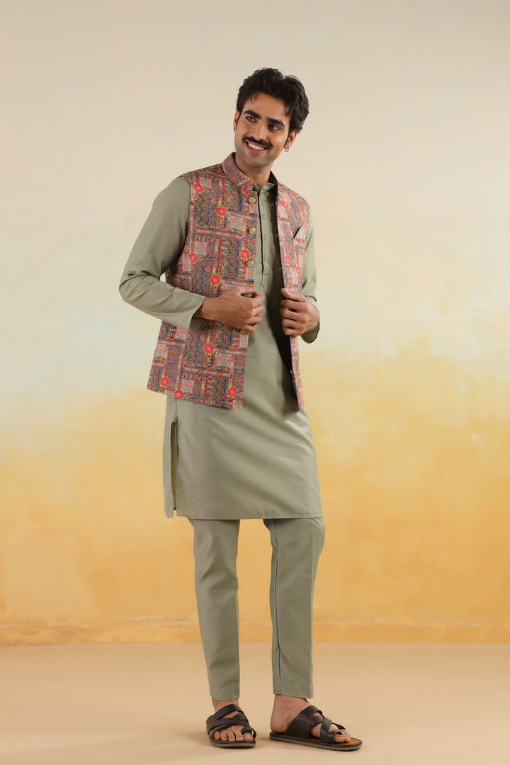 Abstract Green Jacket Kurta Set - JM46047-373A