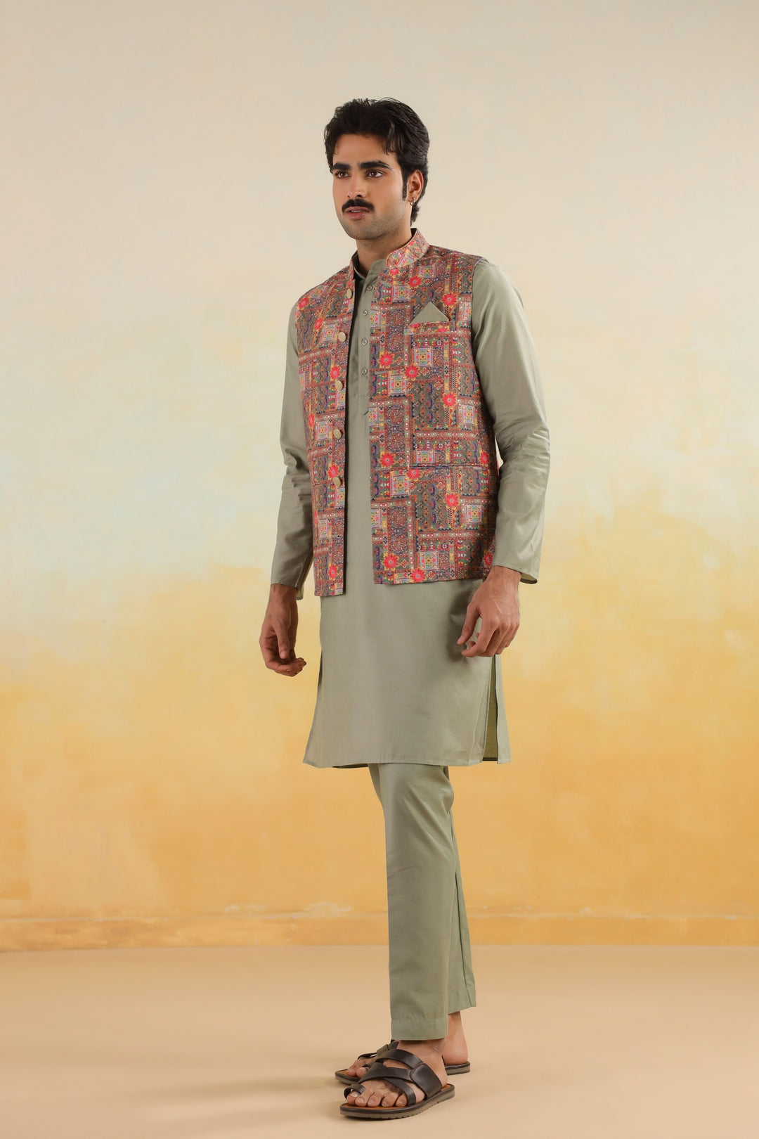 Abstract Green Jacket Kurta Set - JM46047-373A