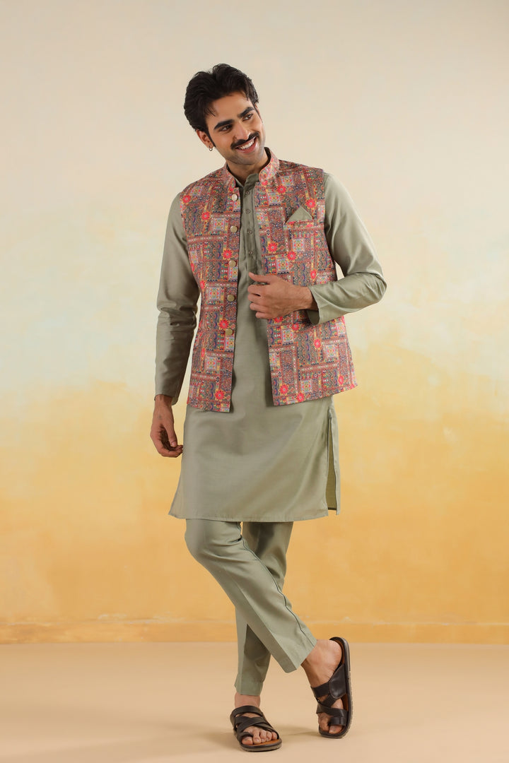 Abstract Green Jacket Kurta Set - JM46047-373A