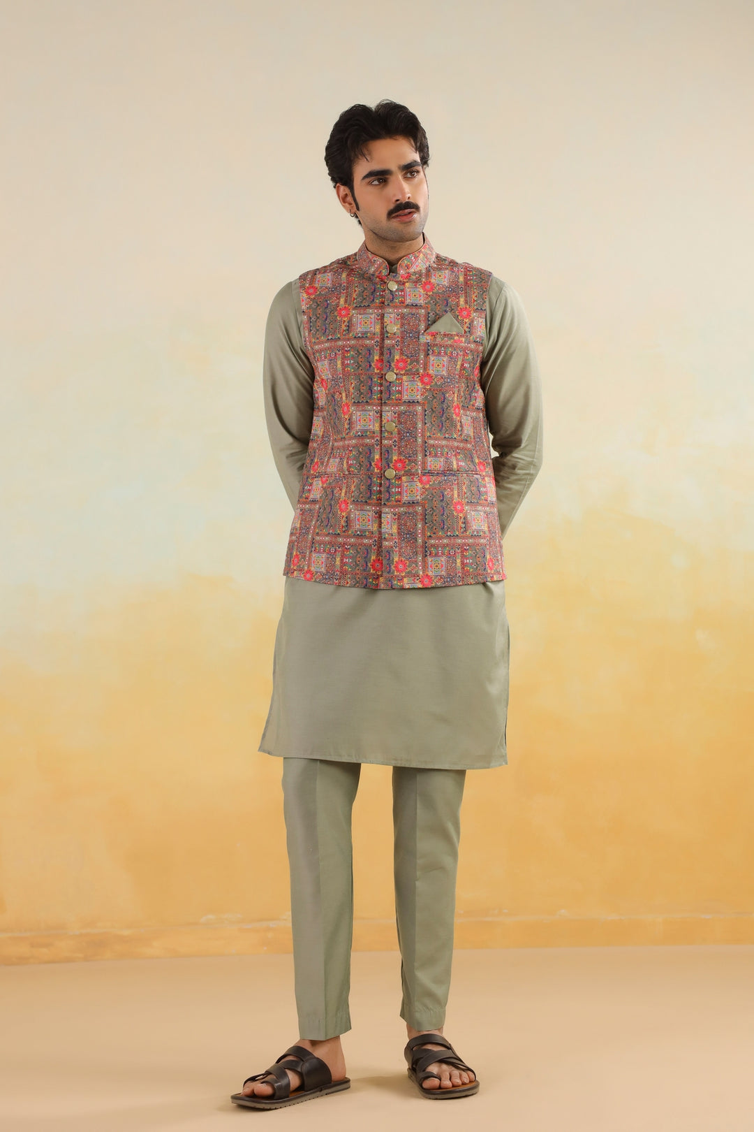 Abstract Green Jacket Kurta Set - JM46047-373A