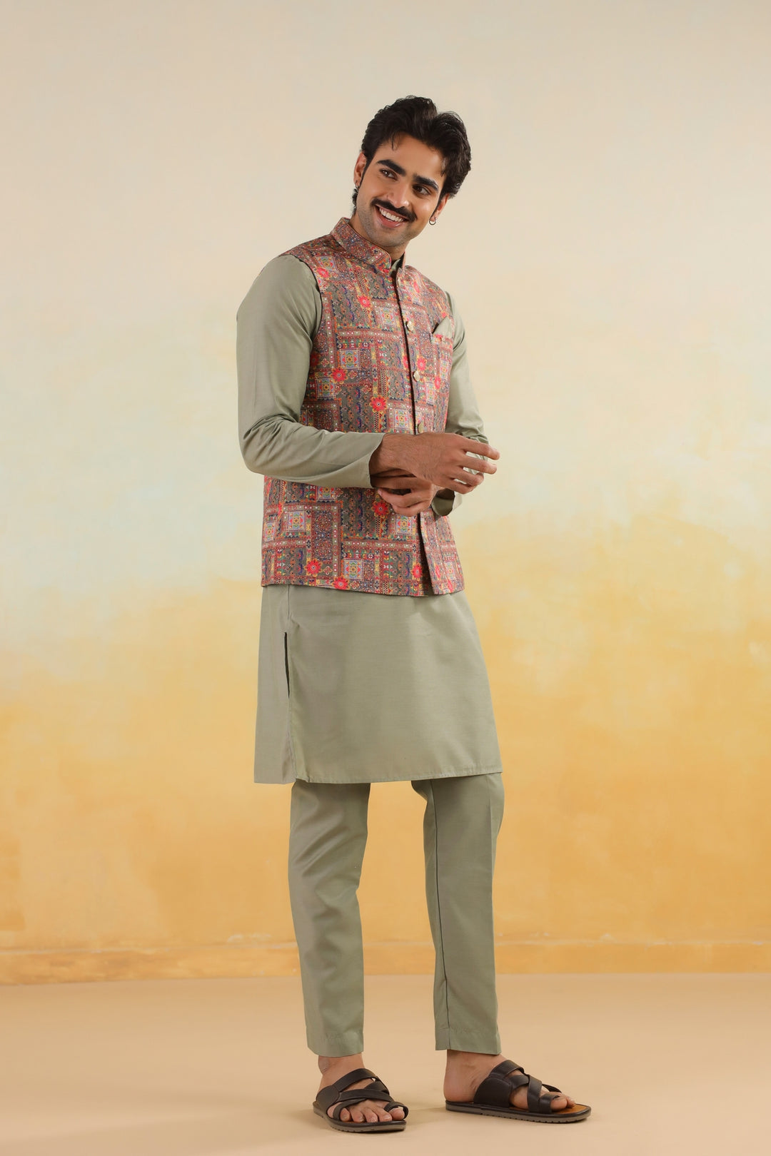 Abstract Green Jacket Kurta Set - JM46047-373A