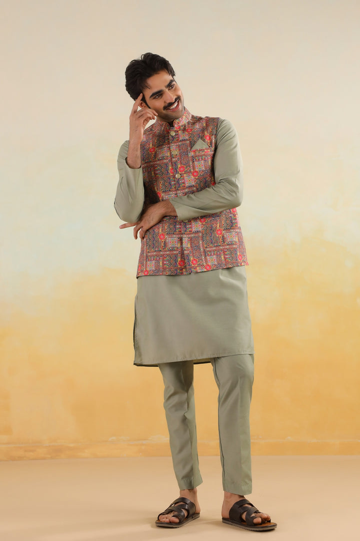 Abstract Green Jacket Kurta Set - JM46047-373A