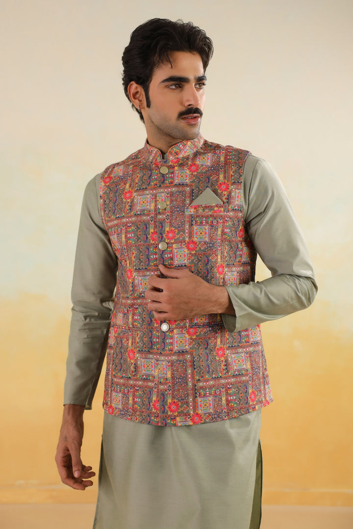 Abstract Green Jacket Kurta Set - JM46047-373A