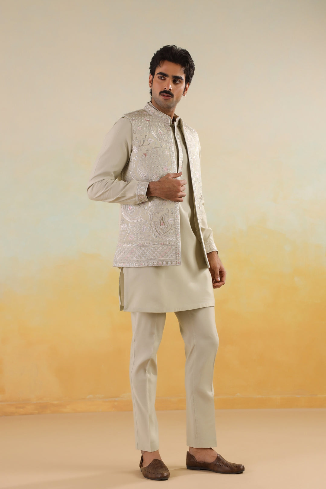 Embroidered Pista Jacket Kurta Set - JT45294-2136