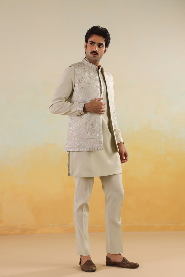 Embroidered Pista Jacket Kurta Set - JT45294-2136
