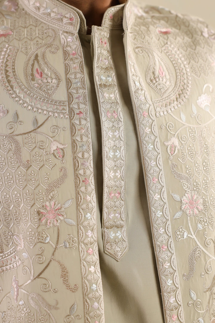 Embroidered Pista Jacket Kurta Set - JT45294-2136