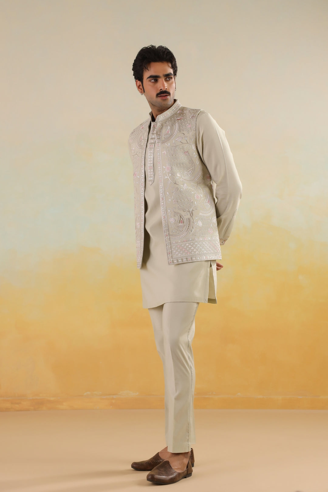 Embroidered Pista Jacket Kurta Set - JT45294-2136