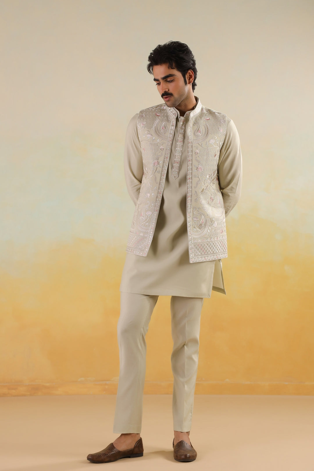 Embroidered Pista Jacket Kurta Set - JT45294-2136