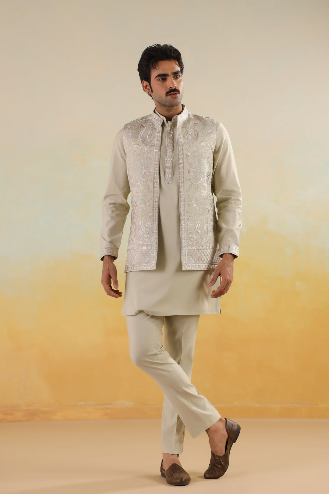 Embroidered Pista Jacket Kurta Set - JT45294-2136