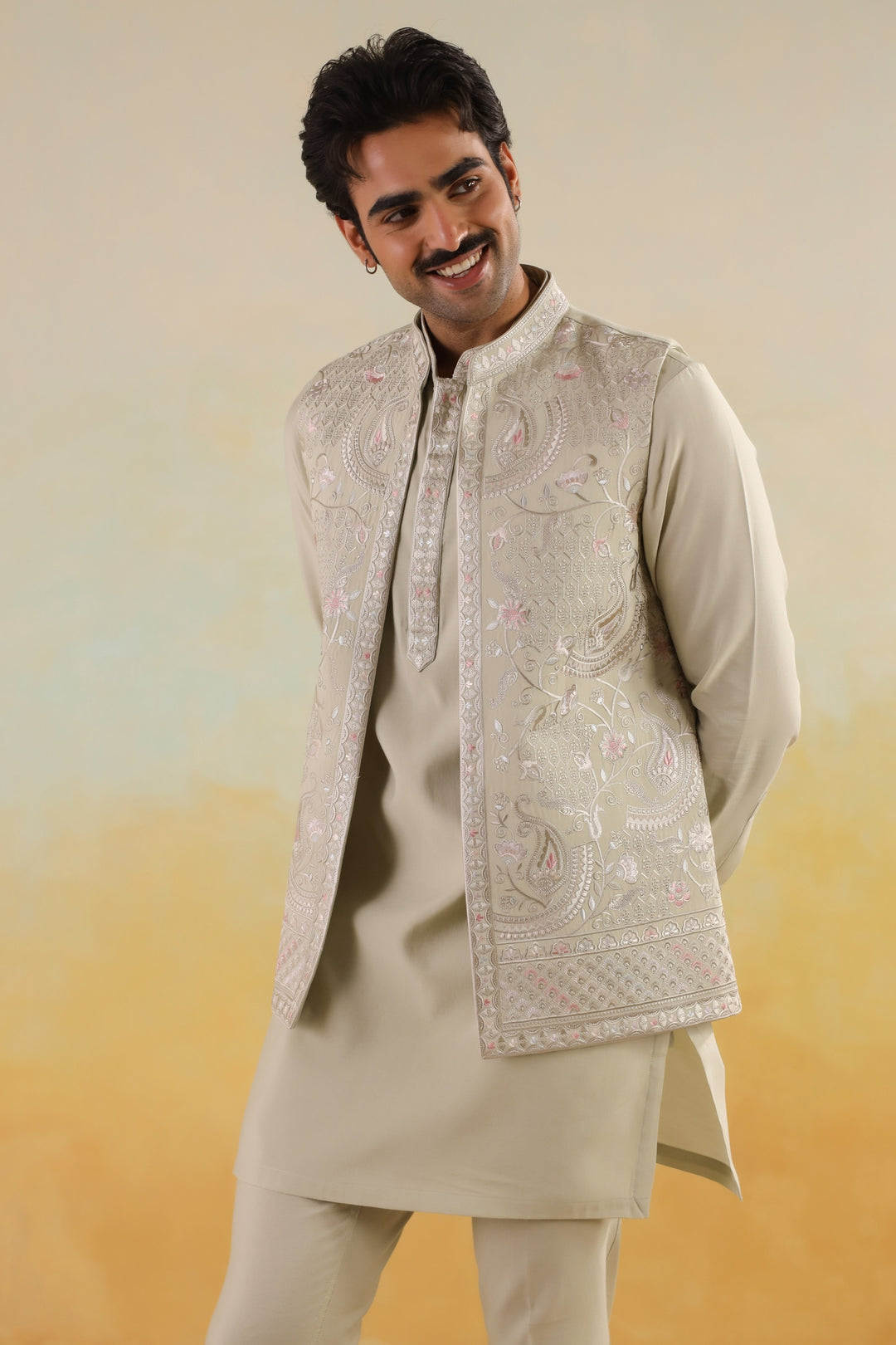 Embroidered Pista Jacket Kurta Set - JT45294-2136