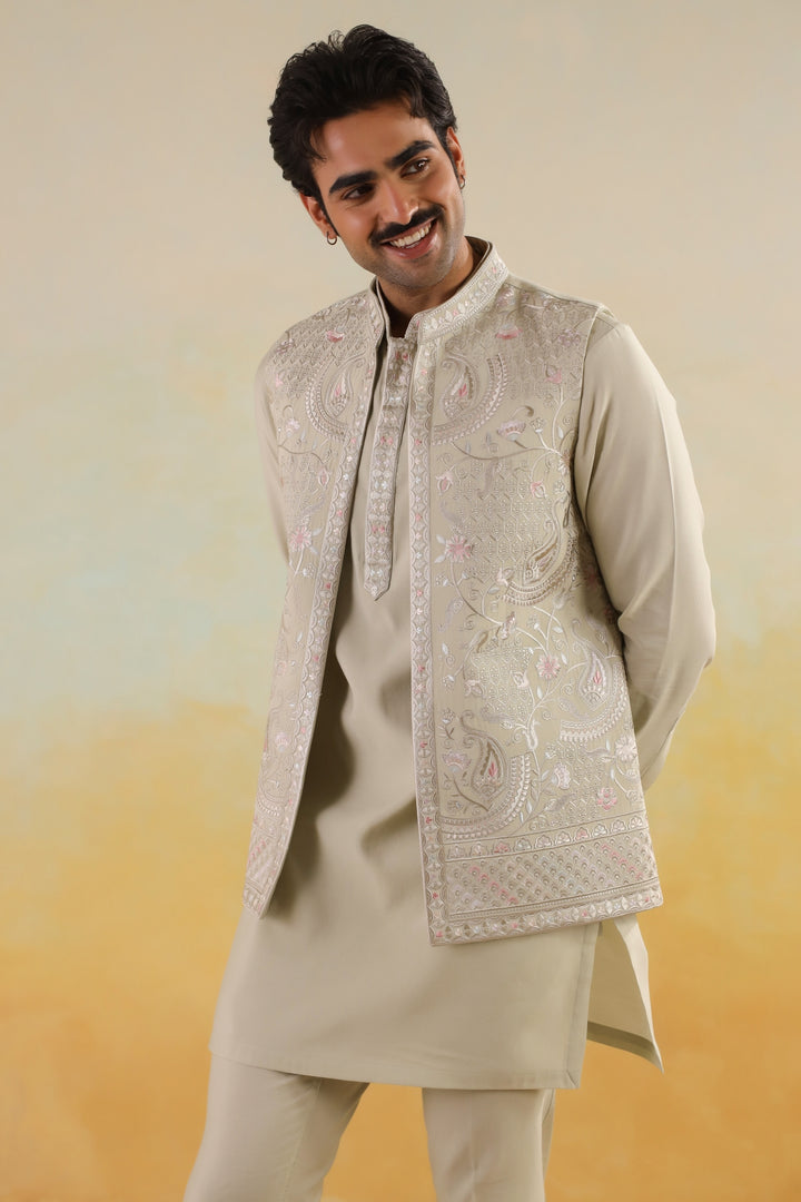 Embroidered Pista Jacket Kurta Set - JT45294-2136