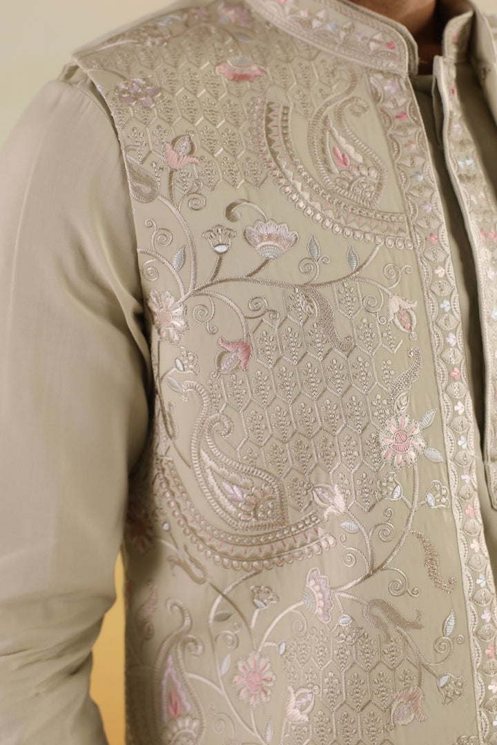 Embroidered Pista Jacket Kurta Set - JT45294-2136
