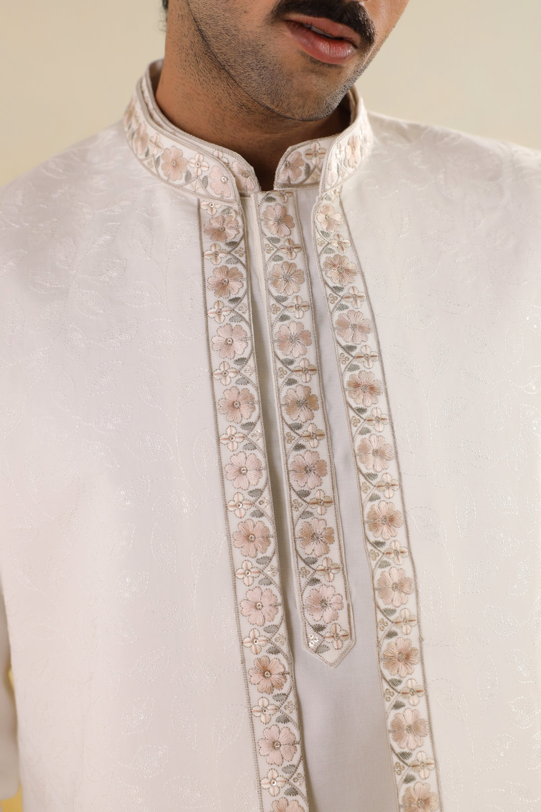 Embroidered Off White Jacket Kurta Set - JT45295-5220
