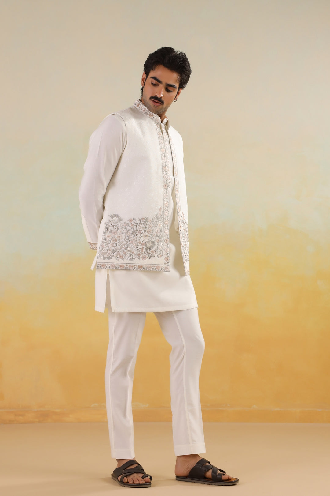 Embroidered Off White Jacket Kurta Set - JT45295-5220