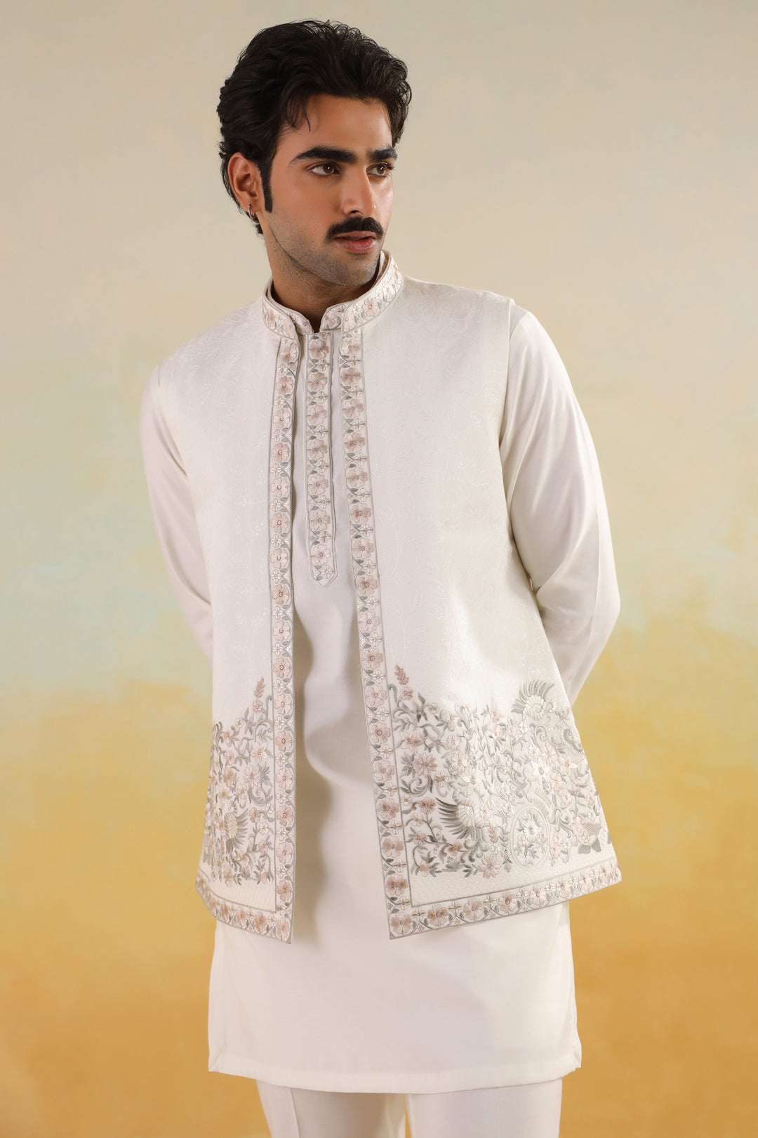 Embroidered Off White Jacket Kurta Set - JT45295-5220